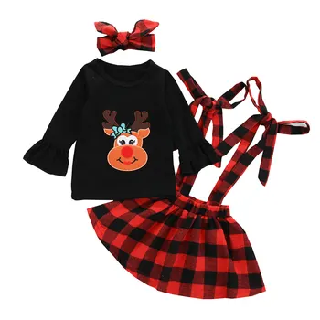 Dieťa Dievča Oblečenie, Vianočné Oblečenie s Dlhým Rukávom Roztomilý T-shirt + Podväzkové Kockované Sukni + hlavový most 3ks Batoľa Dievčatá Oblečenie Set